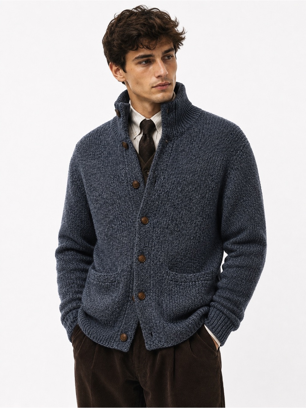 J Crew Mens Blue Shawl Collar Sweater L Chunky Cotton Knit Ivy League Academia